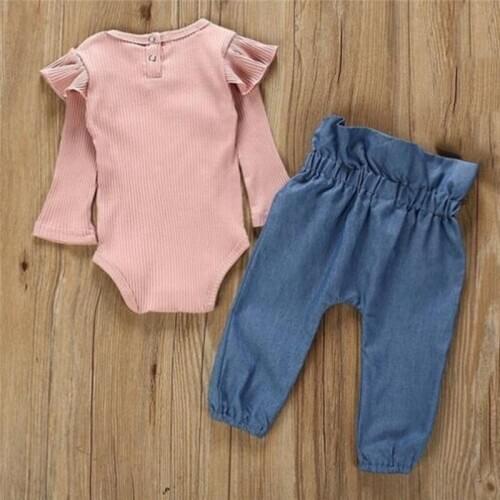 Autumn Baby Sets Newborn Kids Girls Pit Strip Long-Sleeved Fashion Romper Bodysuit+Denim Pants Jeans Set Outfits