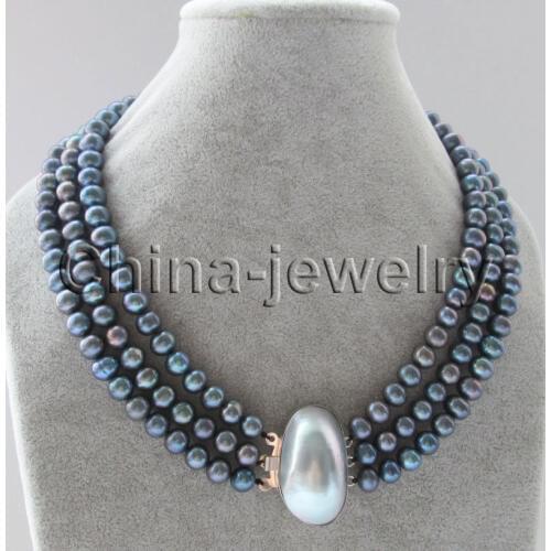 P7116 - 3row 17-19" 8-9mm natural black round freshwater pearl necklace - shell