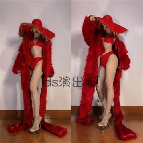 Red Coat For Women Pole/Jazz/Gogo Dance Nightclub Festival Party Bikini Suit Long Cloak Female Singer Sexy Stage Costume DWY5007