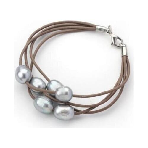 Selling Jewelry>>>Wholesale price NewBrown Leather with 10-11mm Grey Freshwater Pearls Bracelet Multi-stranded Style