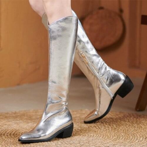 Winter Boots Flat Heel Walking Style Shoes Winter 4.8 cm Chunky Heel Genuine Leather Boots Knee High Big Size 43