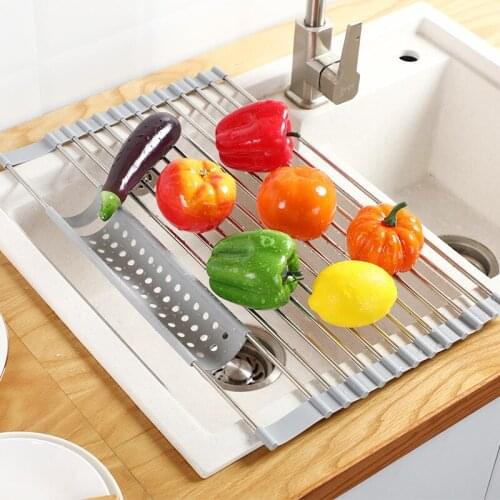 Silicone Stainless Steel Folding Shelf Kitchen Sink Tableware Fruit and Vegetable Drain Rack Dish Storage Rack Gadgets Tool