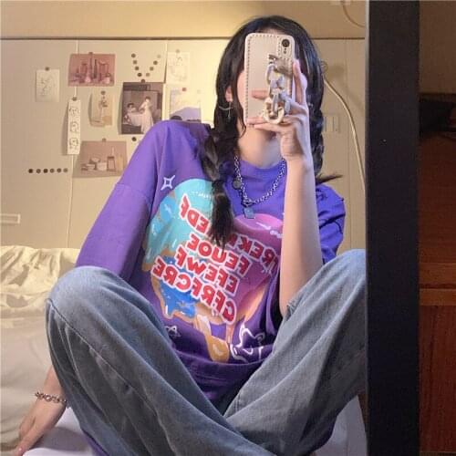 Loose Casual Retro Print Lazy Tshirt Female Korean Harajuku Womens T-shirts Tops Japanese Kawaii Ulzzang Clothes For Women