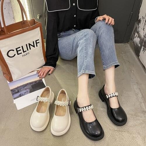 Mary Janes Casual Oxford Shoes For Women New Solid Leather Loafers Woman Zapatos De Mujer Flower Pearl Round Toe Platform Shoes