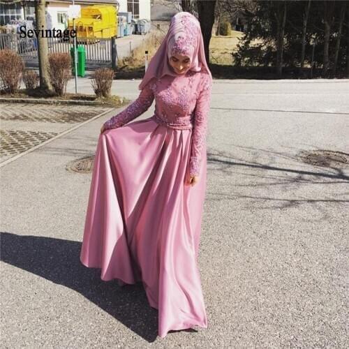 Sevintage 2020 Long Sleeves Muslim Evening Dresses Lace Applique High Neck Arabic Prom Gowns Formal Party Dress abendkleider