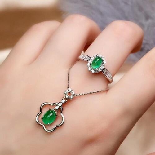 Anniversary Best Gift Emerald jewelry set Natural Real Emerald 925 sterling silver 1pc Emerald pendant,1pc Emerald ring