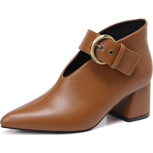 Fashion Thick Heel Short Boots Ladies Tip High Heel Ankle Boots Burgundy Plus Velvet Winter Womens Shoes Botas mujer Black