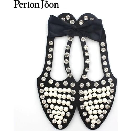 1 Pair DIY handmade Beading shoe-shape patchs Rhinestone pearl Bow fashion decorations applique for clothing Accessories SG005