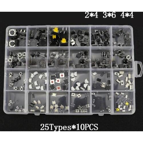 250PCS/Box 25Types Micro Switch Assorted Push Button Tact Switches Reset Mini Leaf Switch SMD DIP 2*4 3*6 4*4 6*6 Diy Kit