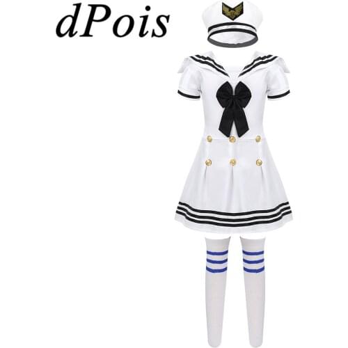 3Pcs Kids Girls Cosplay Sailor Uniforms Short Sleeve Dress + Hat Socks Childrens Day Performance Dance Costume Roleplay Outfit