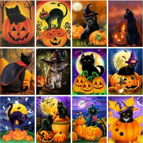 Huacan Full Square/round Diamond Painting Black Cat Diamond Embroidery Mosaic Halloween Pumpkin Home Decor