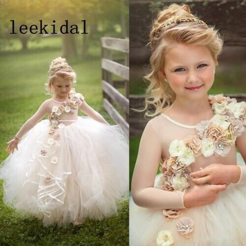 Ball Gown Flower Girls Dresses Jewel Long Sleeve Hand Made Flower Beads Tiered Tulle Pageant Dress Knee-length Custom Made Girls