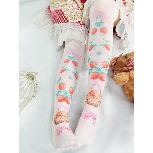 White sweet Lolita Cute strawberry printed Stocking Harajuku Long Stocks