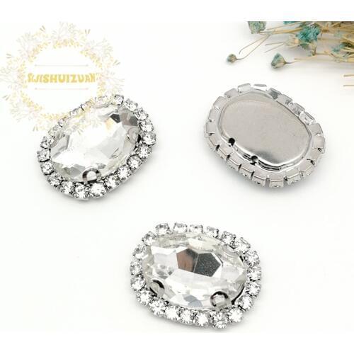 White Oval Shape Drill Side Chain Crysta Glass Sewing Rhinestones with Claw DIY Womens Shose and Wedding Dresses