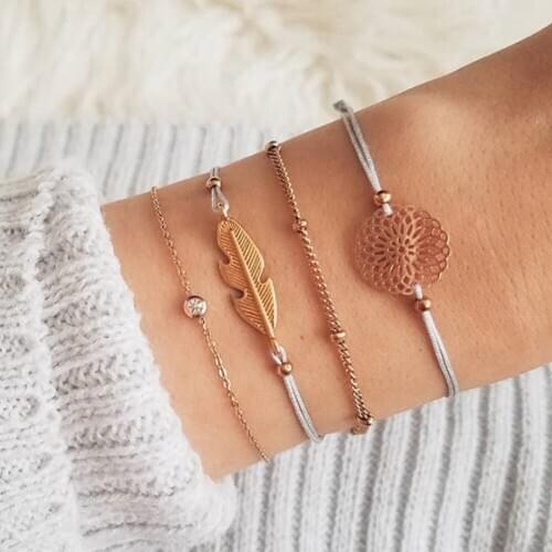 4 Piece Bohemia Boho Women Girl Lady Female Gold Color Chain Leaf Bracelet, Hollow Flower Bracelet, Crystals AAA Zircon Bracelet