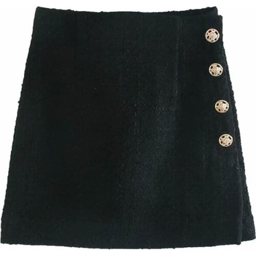 Black mini skirts Women Za 2021 Autumn Winter Vintage Metal Button High Waist A-line Skirt Fashion Office Ladies Skirts