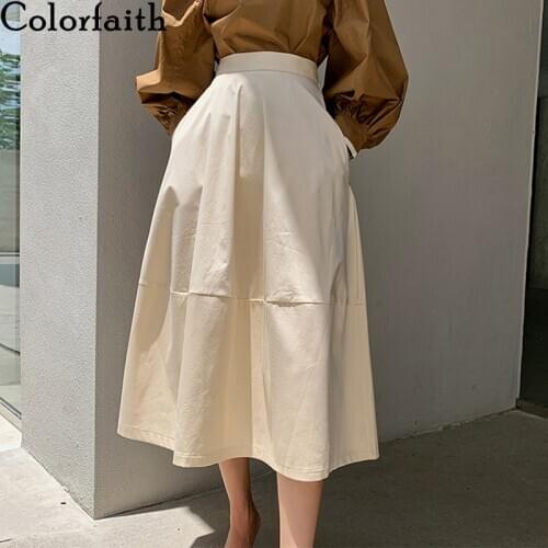 Colorfaith New 2020 Autumn Winter Women Skirts High Waist Pockets Fashionable Vintage Elegant Patchwork Wild Midi Skirt SK2540