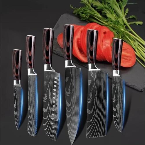 Damascus Laser Pattern Kitchen Knife 6PCS Japanese 7CR17 440C High Carbon Stainless Steel Slicing Santoku Parking Cleaver Tools