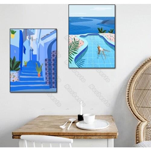 Canvas Painting Poster Print Cartoon Blue Landscape Ocean Morocco Girl In Pool Wall and Stairs Home Rooms Gallery Wall Decoratio