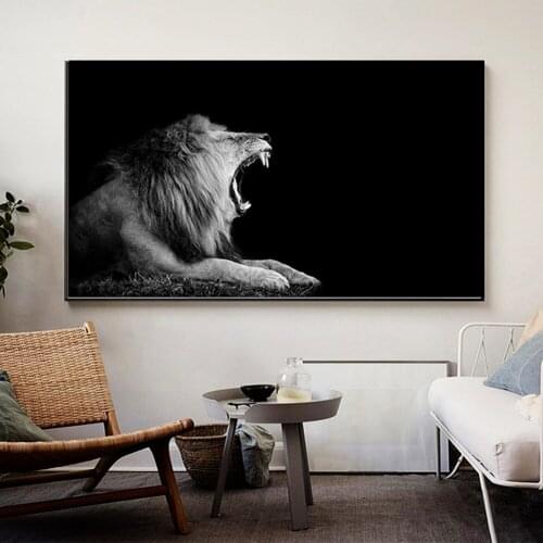 A Roaring Lion Animal Wall Art Canvas Painting Black Gray Lion HD Wall Pictures Posters and Prints for Living Room Home Decor