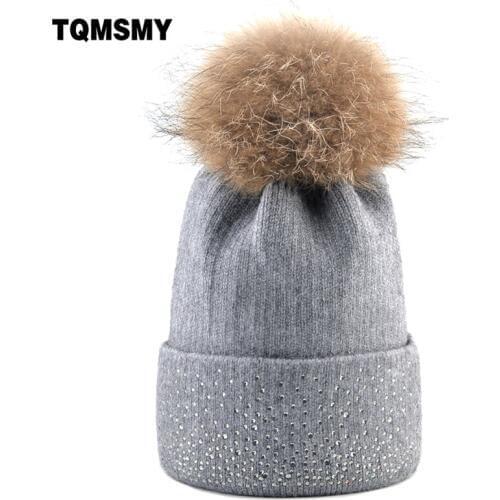 Fashion Raccoon fur ball hats women winter Knitted wool Beanies Thick warm PomPom hat Ladies Solid Color Rhinestone caps gorros