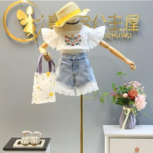 2021Fashion Girls Clothes Sets Summer Lace embroidery short sleeve Short top+Denim shorts Casual kids Childrens Clothing Suit