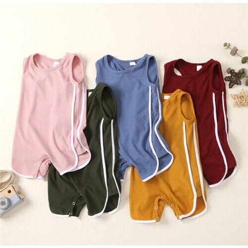 0-24M Summer Baby Rompers Boys Girls Solid Knitted Sleeveless Button Romper Jumpsuits Toddler Infant Cotton Casual One-Pieces