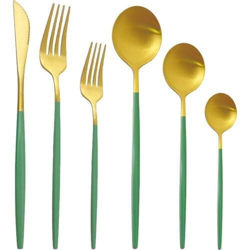 36Pcs Matte Stainless Steel Cutlery Set Dinnerware Set Green Gold Knife Fork Spoon Silverware Home Party Dinner Tableware Set