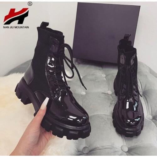 NAN JIU MOUNTAIN 2021 Womens Boots Autumn Martin Boots Solid Color Lace Up Mid Heel Short Boots Round Toe Plus Size 40