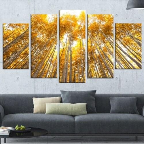 Home Decor Wall Art 5 Panel Gold Sunshine Canvas Painting HD Prints Bamboo Forest Posters Modular Landscape Pictures Framework