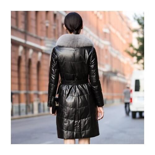Genuine 2020 Leather Jacket Women Autumn Winter Long Pure Fox Fur Collar Thick Down Womens Leather Jacket Plus Size 6XL HJ517