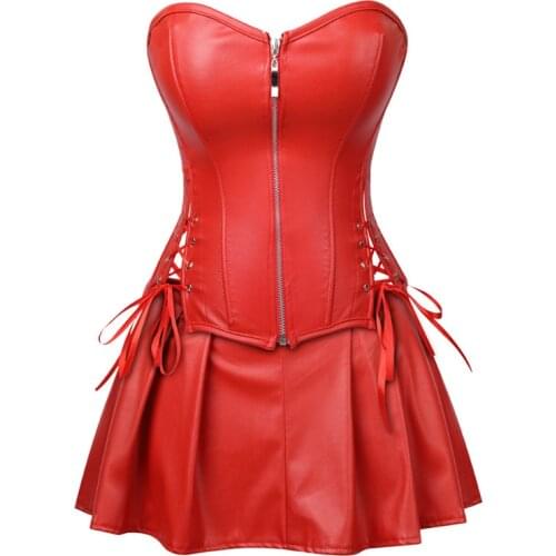 Gothic Faux Leather Red Green Corset Dress Overbust Basque Bustier Mini Skirt Sexy Steampunk Waist Trainer Plus Size 5XL 6XL