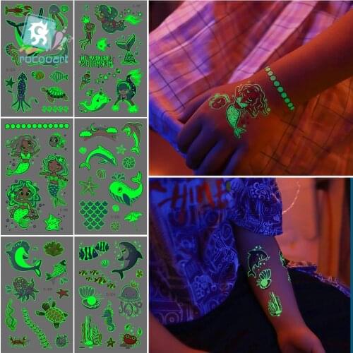 Rocooart Ocean Animal Tattoo Stickers Luminous Mermaid Temporary Tattoos Waterproof Fake Tatto For Women Children Body Art Taty