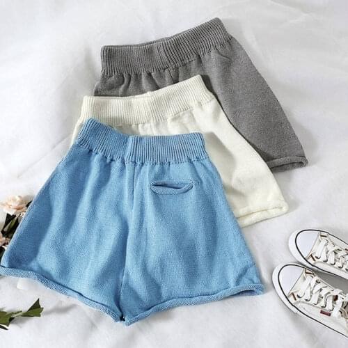 Women 2021 Fashion Ribbed Trim Knitted Shorts Vintage Mid-rise Elastic Waist Female Short Pants Mujer