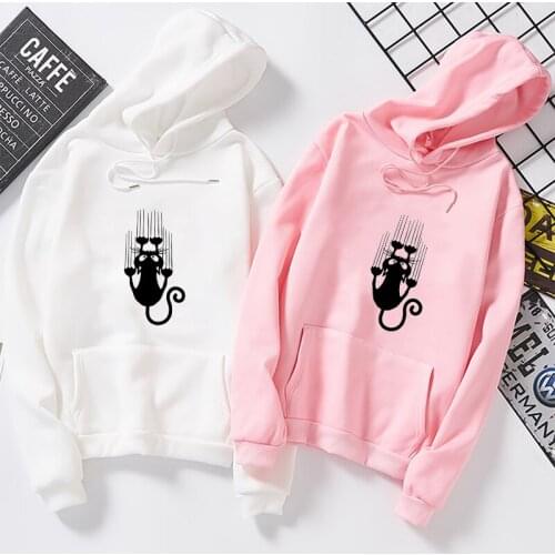 Printed Cartoon Black Cat Hoodies Women Men Autumn Winter Casual Warm Plus Velvet Hooded Coat Long Sleeve Sweatshirts Pullovers