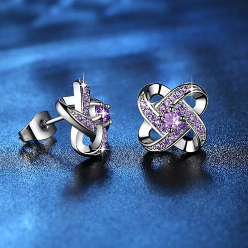 Womens Fashion Romantic Flower Stud Earrings Shiny Purple Crystal Pave Mobius Twisted Tiny Earring Stud Piercing Ear Jewelry