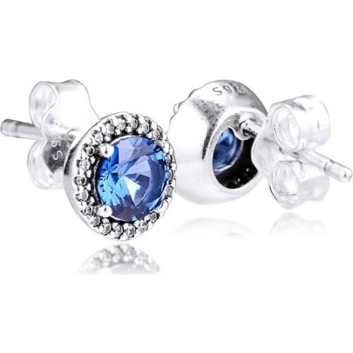 Sparkling Blue Stud Earrings 100% 925 Sterling Silver Jewelry for Women Free Shipping