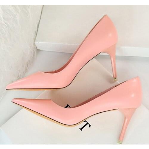 2021 Sweet Women 7.5cm High Heel Soft Leather Party Pumps Scarpins Female Yellow Pink Blue Heels Wedding Shoes Stiletto Big Size