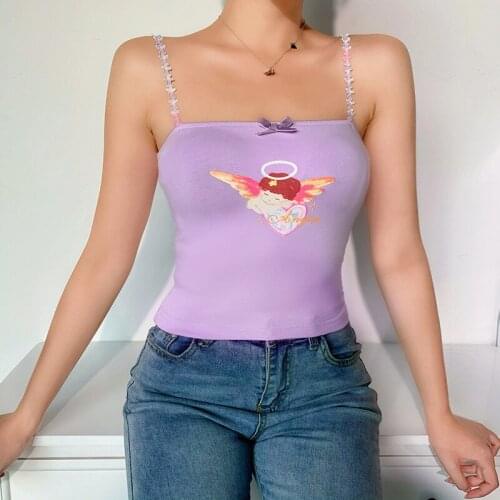 2021 New Women Summer Tops Cute Cupid Angel Printed Graphic Camisole Slim Fit Bow Sling Vest Streetwear High Quality Brand New