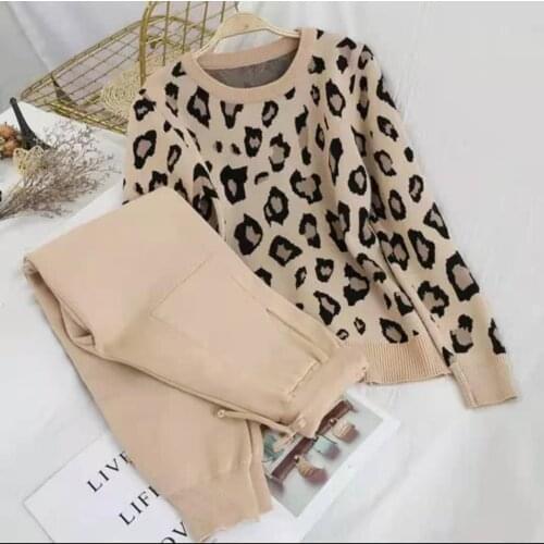 Sprinf Autumn Knitted Leopard Pullover Sweater Long Sleeve Elastic Waist Pants Sets Fashion Tracksuit Women 2 Piece Set 2021 New