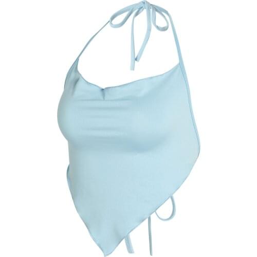 Womens Halter Crop Cami Tops Y2K Girls Sleeveless Backless Vest T Shirt Solid Color Hanky Hem Camisole