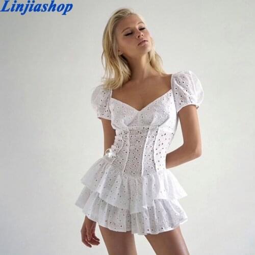 Women White Patchwork Ruffles Lace Hollow Out Dress New Square Neck Short Puff Sleeve Slim Fit Fashion Tide Summer Mini Dress