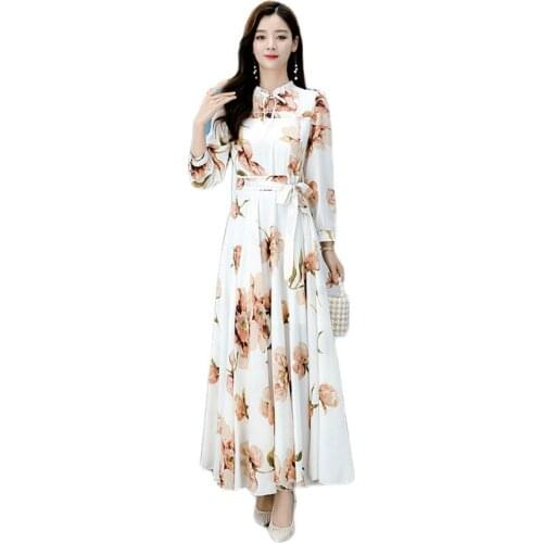 2020 Autumn New Vintage Dress Women Fashion Print Plus Size Slim Long Sleeve Bow Collar Maxi Fairy Dress Vestido Feminina LD1503