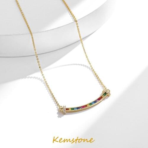 Kemstone Multicolor Crystal Smile Arc-shaped Female Gold Plated Pendant Necklace Jewelry for Women