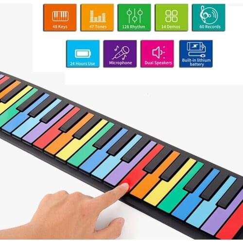 49 Keys Silicone Portable Foldable Roll Up Piano Colorful Soft Keyboard Electronic Piano Rainbow Key Rechargable Mini Piano