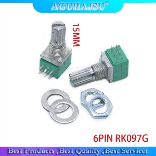 5pcs 6PIN RK097G B5K B10K B20K B50K B100K duplex potentiometer audio amplifier potentiometer 15mm handle 5K 10K 20K 50K 100K