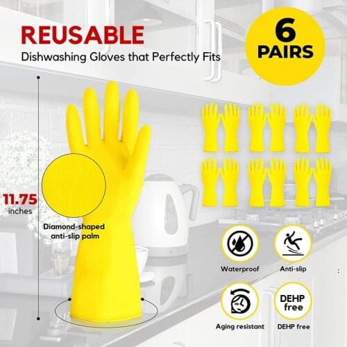 6 Pairs Dishwashing Gloves Rubber Gloves Yellow Flock Lined Heavy Duty Kitchen Gloves