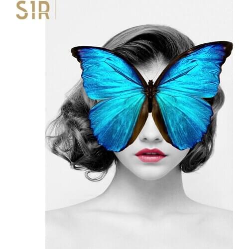 Black and White Characters Short Hair Women Butterflies Line Drawing Poster Nordic Black White Print Canvas Art Posters Wall