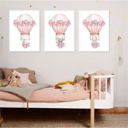 Baby Posters Boho Animal Hot Air Balloon Canvas Posters And Prints Flower Art Painting Nursery Wall Art Pictures Kids Room Decor