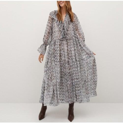 Womens V-neck ruffled design pleated dress Mid-length print one-piece dress temperament cocktail party club dress